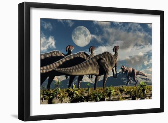 Hadrosaurid Duckbill Dinosaurs Use Soundwaves to Defend a Tyrannosaurus Rex-null-Framed Art Print