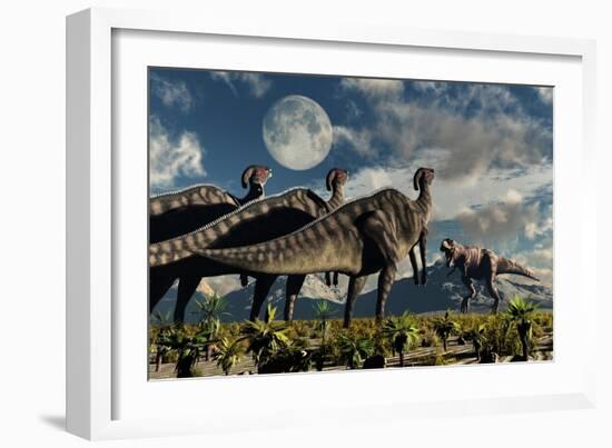 Hadrosaurid Duckbill Dinosaurs Use Soundwaves to Defend a Tyrannosaurus Rex-null-Framed Art Print