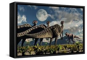 Hadrosaurid Duckbill Dinosaurs Use Soundwaves to Defend a Tyrannosaurus Rex-null-Framed Stretched Canvas