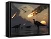 Hadrosaurs Graze Peacefully as Burning Meteors Fall Through the Sky-Stocktrek Images-Framed Stretched Canvas