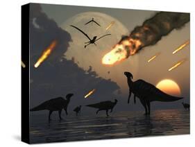 Hadrosaurs Graze Peacefully as Burning Meteors Fall Through the Sky-Stocktrek Images-Stretched Canvas