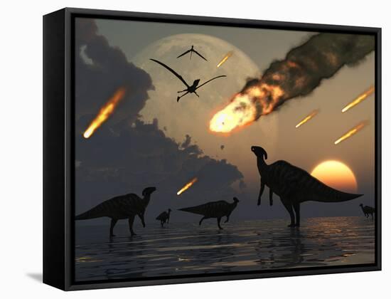 Hadrosaurs Graze Peacefully as Burning Meteors Fall Through the Sky-Stocktrek Images-Framed Stretched Canvas