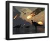 Hadrosaurs Graze Peacefully as Burning Meteors Fall Through the Sky-Stocktrek Images-Framed Photographic Print