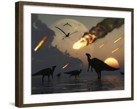 Hadrosaurs Graze Peacefully as Burning Meteors Fall Through the Sky-Stocktrek Images-Framed Photographic Print