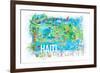 Haiti Illustrated Island Travel Map with Roads and Highlights-M. Bleichner-Framed Art Print