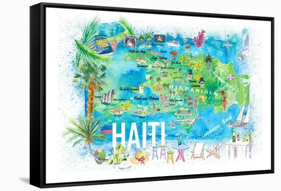 Haiti Illustrated Island Travel Map with Roads and Highlights-M. Bleichner-Framed Stretched Canvas