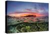 Half above and half below view of the Komodo Diving Resort at sunset, Sebayur Island, Indonesia-Michael Nolan-Stretched Canvas