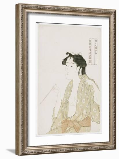 Half Length Portrait of a Woman Smoking, Holding a Pipe and Exhaling a Cloud of Smoke, C.1792-Kitagawa Utamaro-Framed Giclee Print