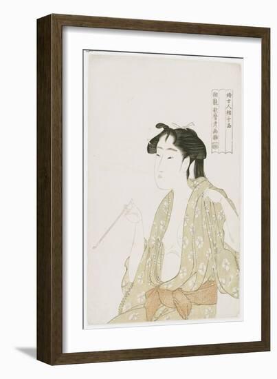 Half Length Portrait of a Woman Smoking, Holding a Pipe and Exhaling a Cloud of Smoke, C.1792-Kitagawa Utamaro-Framed Giclee Print