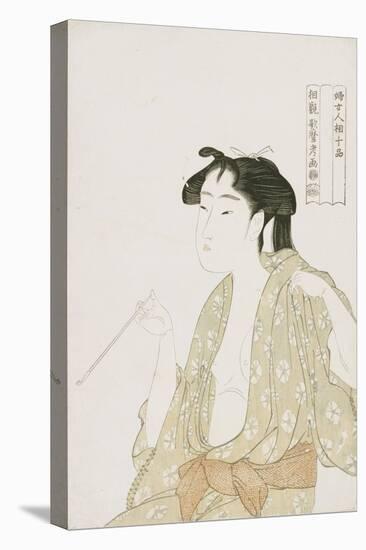 Half-Length Portrait of a Woman Smoking, Holding a Pipe and Exhaling a Cloud of Smoke-Kitagawa Utamaro-Stretched Canvas