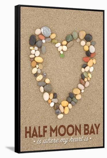 Half Moon Bay, California Is Where My Heart Is - Stone Heart on Sand-Lantern Press-Framed Stretched Canvas