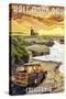 Half Moon Bay, California - Woody and Lighthouse-Lantern Press-Stretched Canvas