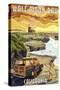 Half Moon Bay, California - Woody and Lighthouse-Lantern Press-Stretched Canvas