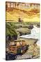 Half Moon Bay, California - Woody and Lighthouse-Lantern Press-Stretched Canvas