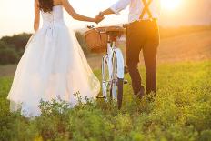 Bride and Groom with a White Wedding Bike-HalfPoint-Stretched Canvas