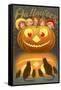 Halloween, Children behind Jack O'Lantern-null-Framed Stretched Canvas