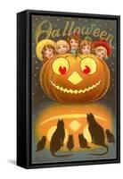 Halloween, Children behind Jack O'Lantern-null-Framed Stretched Canvas