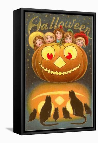 Halloween, Children behind Jack O'Lantern-null-Framed Stretched Canvas