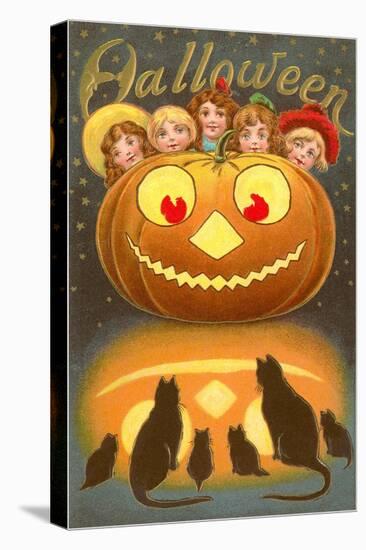 Halloween, Children behind Jack O'Lantern-null-Stretched Canvas