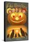 Halloween, Children behind Jack O'Lantern-null-Framed Stretched Canvas