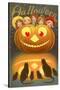 Halloween, Children behind Jack O'Lantern-null-Stretched Canvas