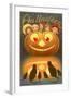 Halloween, Children behind Jack O'Lantern-null-Framed Art Print