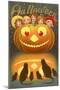 Halloween, Children behind Jack O'Lantern-null-Mounted Art Print