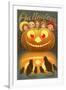 Halloween, Children behind Jack O'Lantern-null-Framed Art Print