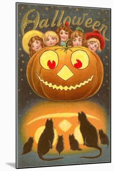 Halloween, Children behind Jack O'Lantern-null-Mounted Art Print