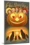 Halloween, Children behind Jack O'Lantern-null-Mounted Art Print