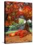 Halloween Decorations of Pumpkins and Corn Stalks in Front of a Home-John Alves-Stretched Canvas