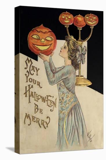 Halloween Girl Holding Pumpkin-Vintage Apple Collection-Stretched Canvas