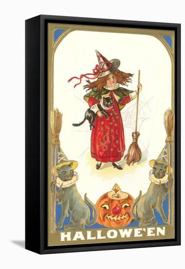 Halloween, Girl Witch with Cats-null-Framed Stretched Canvas