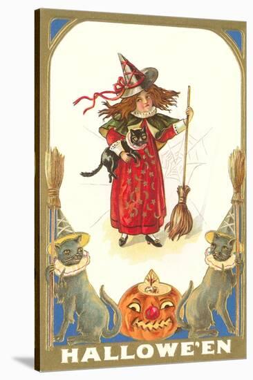 Halloween, Girl Witch with Cats-null-Stretched Canvas