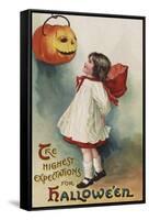 Halloween Greeting - Girl in Red and White-Lantern Press-Framed Stretched Canvas