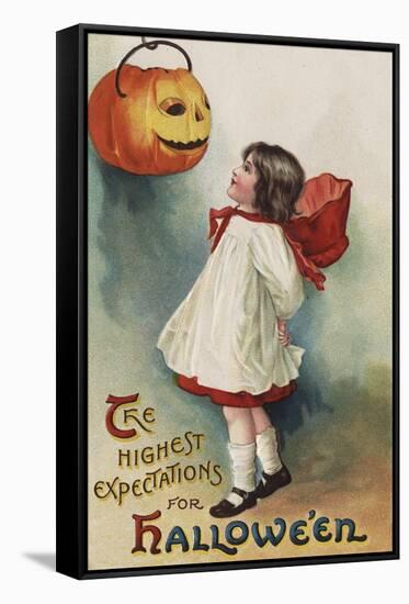 Halloween Greeting - Girl in Red and White-Lantern Press-Framed Stretched Canvas