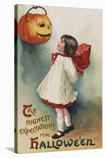 Halloween Greeting - Girl in Red and White-Lantern Press-Stretched Canvas