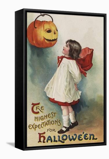 Halloween Greeting - Girl in Red and White-Lantern Press-Framed Stretched Canvas