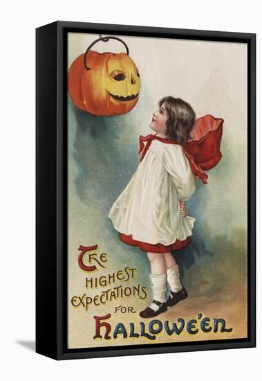 Halloween Greeting - Girl in Red and White-Lantern Press-Framed Stretched Canvas