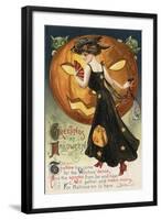 Halloween Greeting - Witch Dancing and Pumpkin-Lantern Press-Framed Art Print