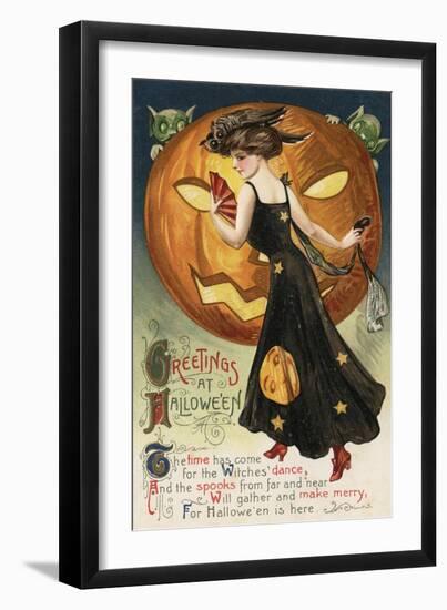 Halloween Greeting - Witch Dancing and Pumpkin-Lantern Press-Framed Art Print