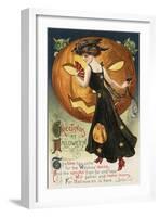 Halloween Greeting - Witch Dancing and Pumpkin-Lantern Press-Framed Art Print