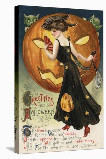 Halloween Greeting - Witch Dancing and Pumpkin-Lantern Press-Stretched Canvas