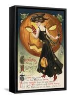 Halloween Greeting - Witch Dancing and Pumpkin-Lantern Press-Framed Stretched Canvas