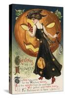 Halloween Greeting - Witch Dancing and Pumpkin-Lantern Press-Stretched Canvas