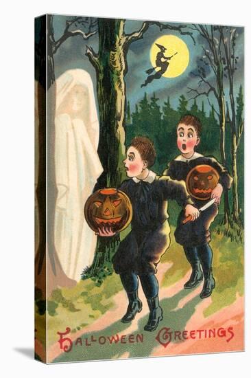 Halloween Greetings, Children with Ghost-null-Stretched Canvas