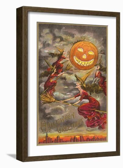 Halloween Greetings, Witches and Jack O'Lantern-null-Framed Art Print