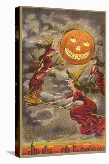 Halloween Greetings, Witches and Jack O'Lantern-null-Stretched Canvas