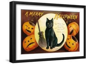 Halloween Greetings with Black Cat and Carved Pumpkins, 1909-Ellen Hattie Clapsaddle-Framed Giclee Print