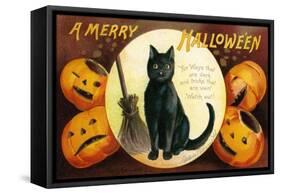 Halloween Greetings with Black Cat and Carved Pumpkins, 1909-Ellen Hattie Clapsaddle-Framed Stretched Canvas
